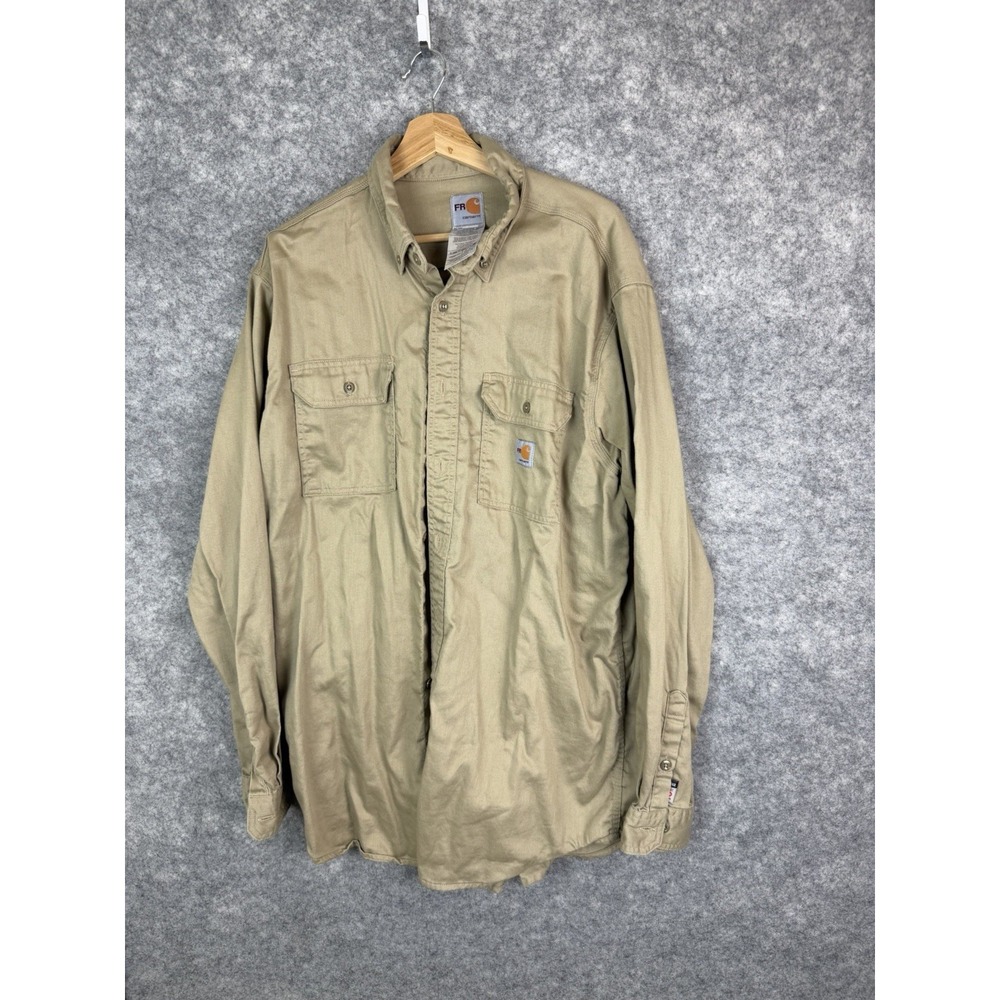 Carhartt FR Shirt Mens XL Tall Work Flame Resistant Button Up Beige Cat 2 Fire